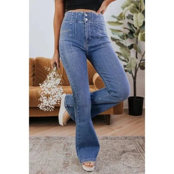 FREE PEOPLE We The Free Jayde Flare Jeans in Wash Sunburst Blue Size US 25 - Picture 1 of 12